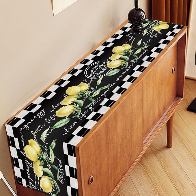 Lemon Table Runner, Farmhouse Black Buffalo Plaid Seasonal Summer Spring Fruits Rustic Coffee Table Center Decor for Home Kitchen Dining Party Patio Indoor Outdoor Table Decorations, 13"x36" Inch