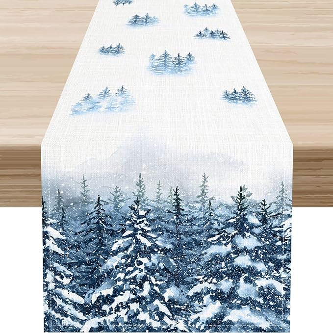 Forest Table Runner, Rustic Farmhouse Mountains Birds Pine Tree Woodland Jungle Cottage Country Coffee Table Center Decor for Home Kitchen Dining Patio Holiday Party Table Decorations, 13"x36" Inch