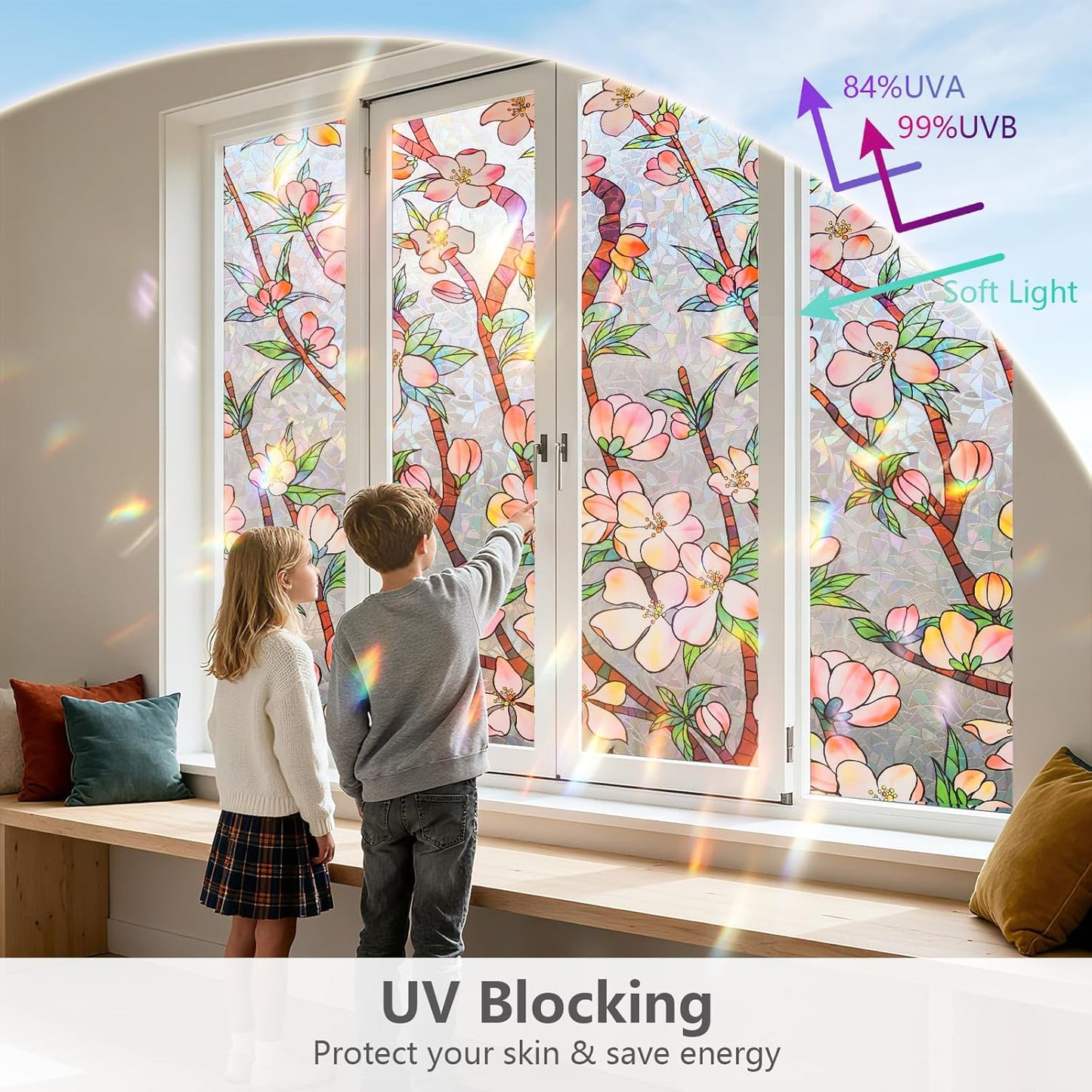 NINETREX Window Privacy Film,3D Stained Glass Window Film,Rainbow Static Cling Stickers Blocks Heat & UV,Non-Adhesive Vinyl for Home Door (Peach Blossom,17.5 x 78.7inch)