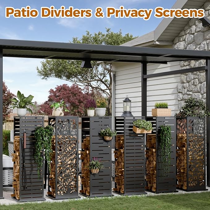 4ft Firewood Rack with Louver Pattern, Fire Wood Rack Log Holder with Hooks Adjustable Feet, Firewood Storage for Outdoor Indoor Fire Pits Fireplace Patio Balcony Black