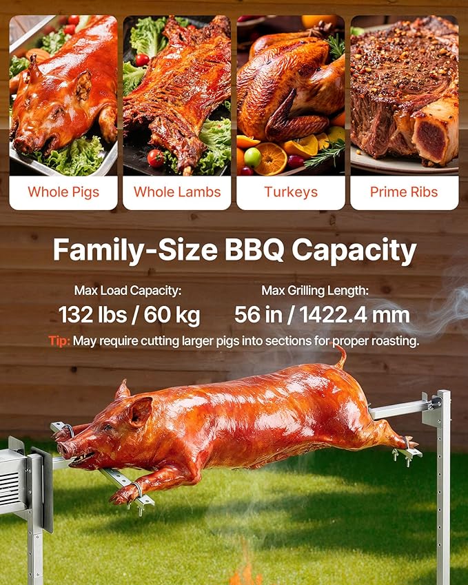 VEVOR Rotisserie Grill, 56in Electric Rotisserie Grill Kit 8 Level Height, BBQ Grills Rotisseries Kit with 132 lbs Load Capacity, Asador de Puerco, Stainless Steel Automatic Grilling Kits for Parties