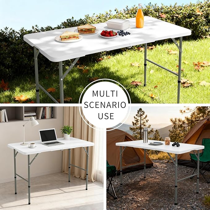 Folding Tables with Carrying Handle Lightweight Rectangular Portable Plastic Camping Table Steel Legs for Party, Dining, Wedding, Events, Picnic Indoor, Outdoor (1, White, 4 FT)
