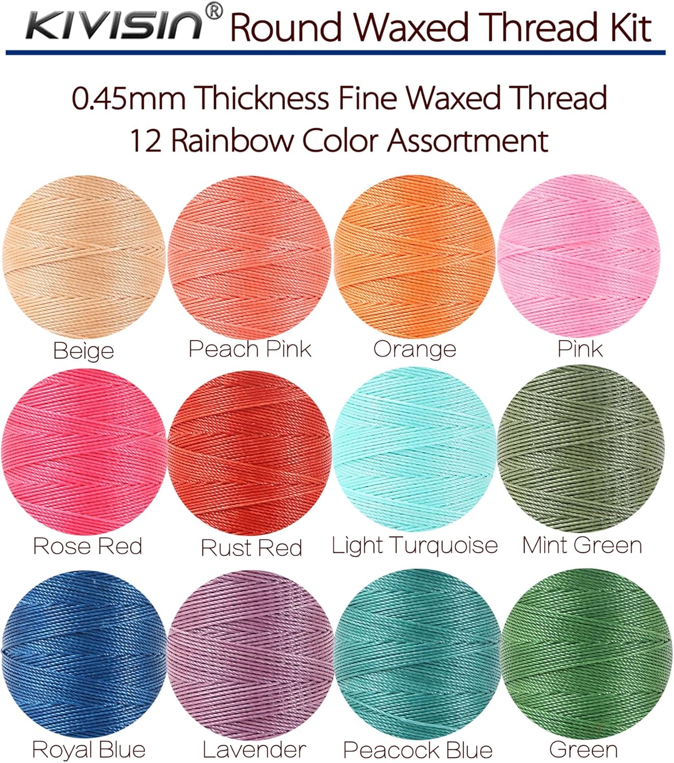 12 Colored Waxed Polyester Thread, 0.45mm Thinner Diameter, 115 Yards/Spool, Wax Coated String Cord for Leather Sewing, Upholstery, Stitching, Binding, Beading, Stringing, and Crafting