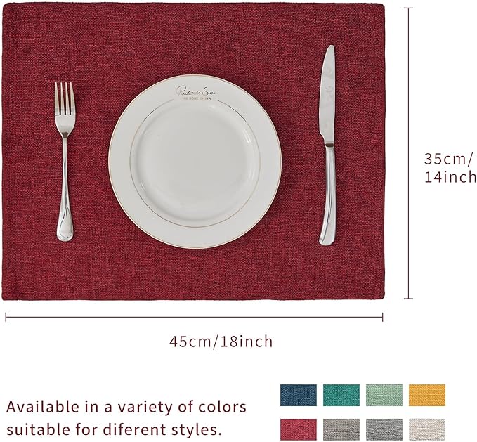 BALCONY & FALCON Placemats Set of 6 Faux Linen Cloth Place Mats Washable Waterproof Wrinkle Resistant Table Placemats for Dining Kitchen Farmhouse Indoor & Outdoor Use(Ruby Red, 13.8”x 17.7”