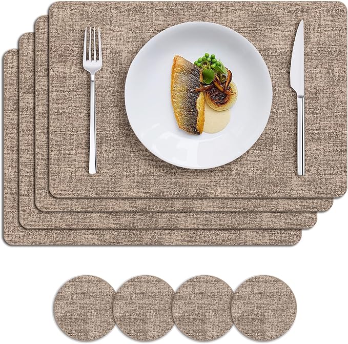 MOSAYT Placemats Set of 4, Heat Resistant Vinyl Place Mats with Coasters, 100% Waterproof Wipeable Washable Faux Leather Table Mats for Kitchen Dining Party Indoor Outdoor, 12" x 17", Khaki