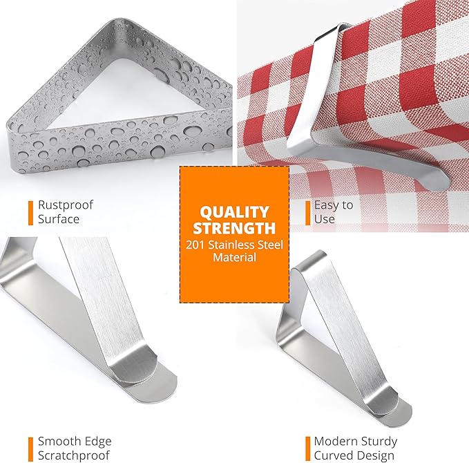12 Pack Large Tablecloth Clips with 3 Tablecloths - Stainless Steel, Heavy Duty Table Clips for Home, Restaurants, Picnic, Party, Dining Tables - Fits Up to 1.8~3 Inch Thick Tables