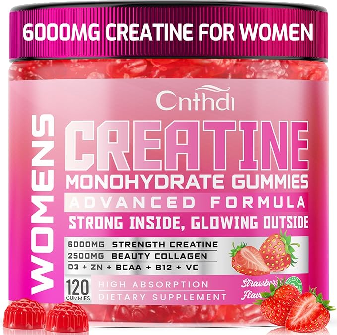 Creatine Monohydrate Gummies 6000MG Pre-Workout for Women, Sugar Free Creatine Gummies with Collagen, BCAA 2:1:1for Muscle Support, Enhance Strength & Booty, Non-GMO, Gluten-Free, 120 Counts