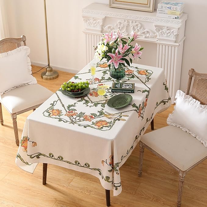patdrea Designer Linen Rectangle Tablecloth,Vintage French Floral Tablecloths,Wrinkle Free Table Cloth,Decorative Table Cover Cloth for Kitchen,Dining,Tea Party,Home,Christmas,55"*87"