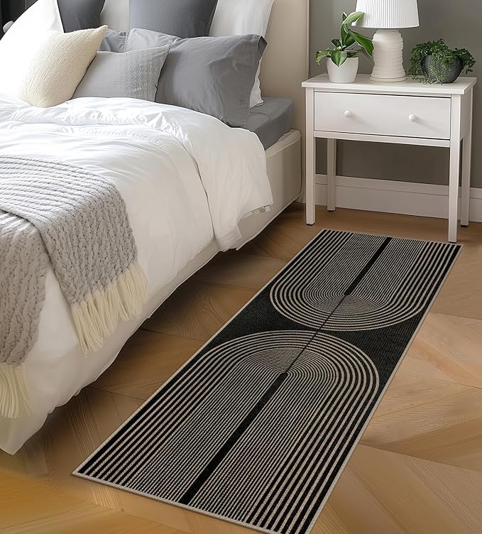 Easy Jute Rainbow Runner Rug, 2x6 Black Washable Rugs Runner for Hallway Non-Slip Boho Farmhouse Kitchen Runner Rug, Modern Abstract Indoor Outdoor Carpet for Porch Laundry Entryway