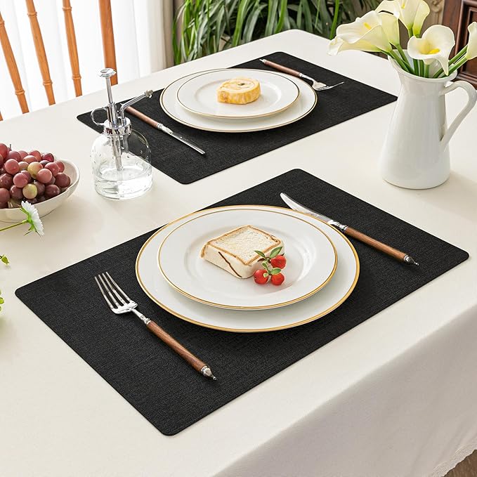 Romanstile Vinyl Placemats Set of 4-12 X 17 Inch - Heat Resistant Place Mats 100% Waterproof Oilproof Wipeable Reversible Faux Leather Table Mats for Kitchen, Dining, Party, Outdoor, Black