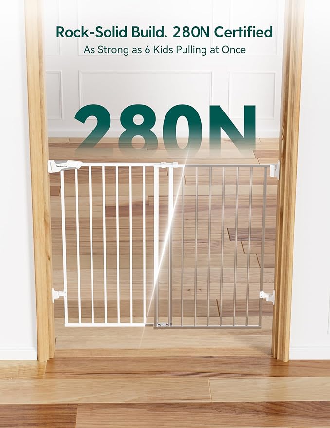Babelio Baby Gate for Stairs, Kitchen & Doorways, No Bottom Bar| Easy Installation| One-Handed Operation| Auto-Close| Hardware Mount (Drill Needed) Safety Dog Gate (White - B17, 29-49" W, 28" H)
