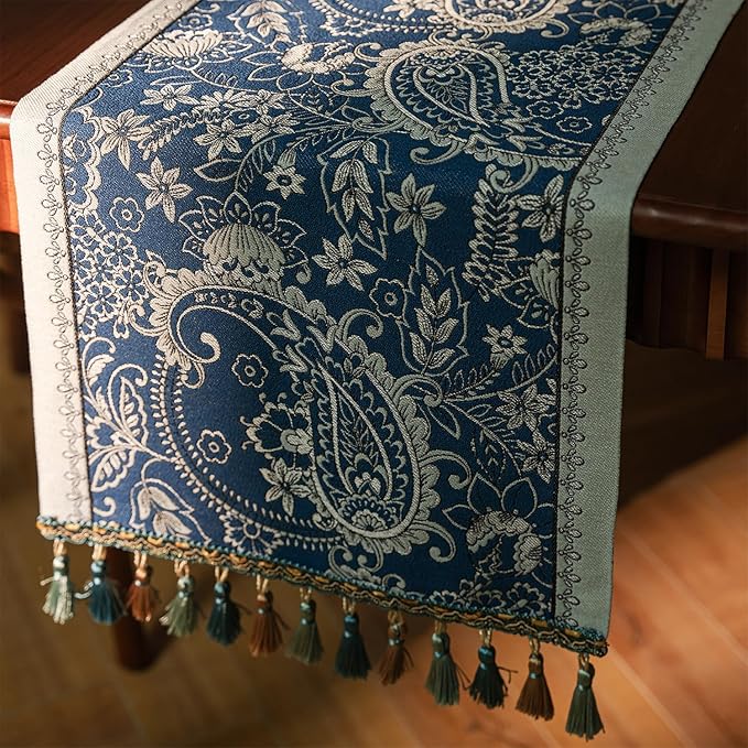 13×72 Inch Table Runner, Retro-Luxury Tassels Series for Kitchen Dining Table Holiday Decoration (Blue Pheonix)