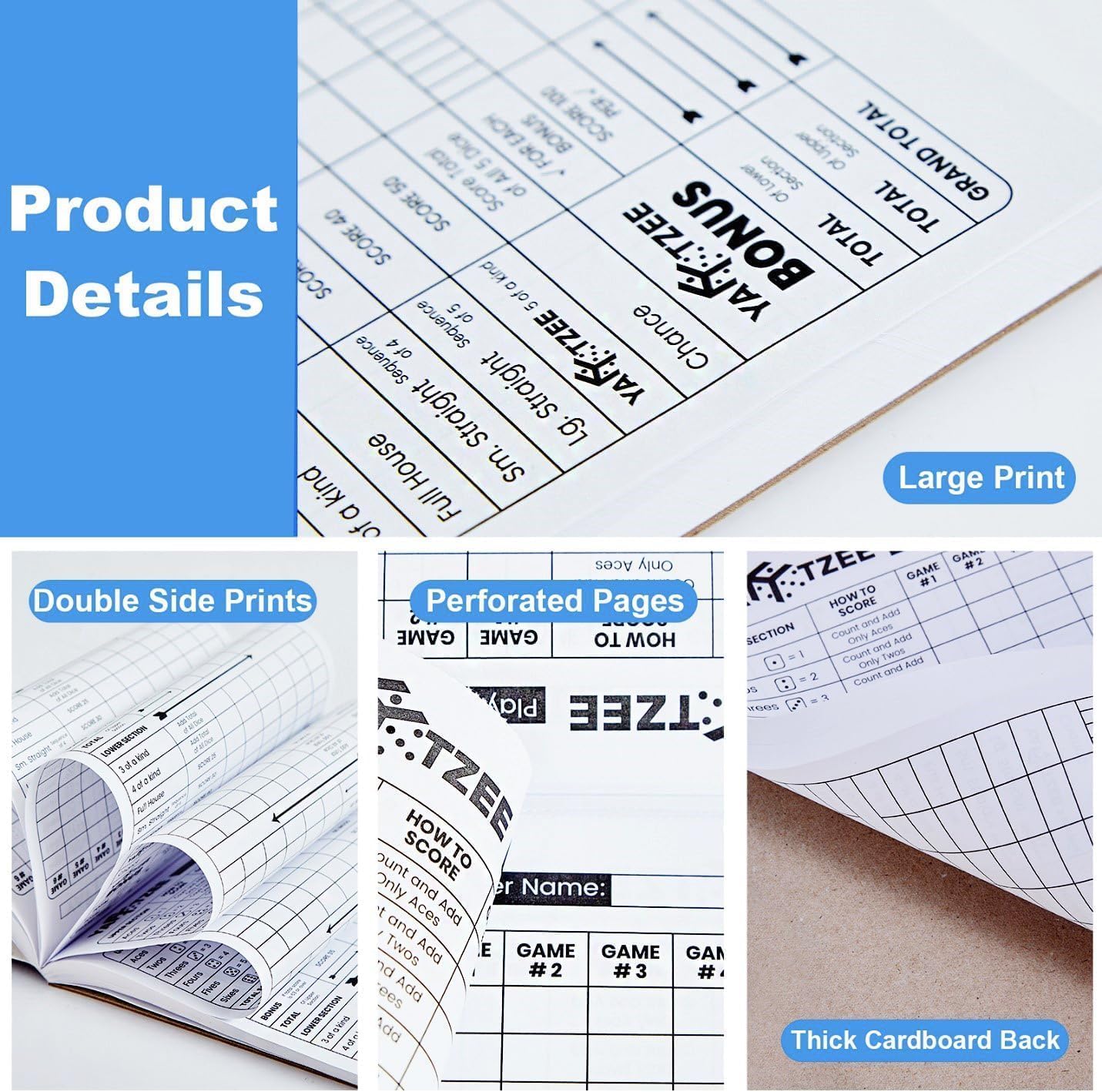PlayDice Perforated Yahtzee Score Pads: 120 Easy Tear Off Score Sheets, Large Print, Compatible with Yardzee and Yahtzee Games (6x9-120 Pages)