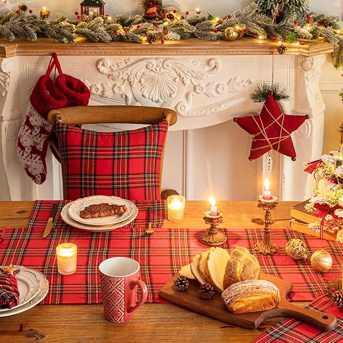 Red Green Plaid Christmas Table Runner, Winter Holiday Table Runners 108 inches Long, Xmas Decorations Indoor Outdoor Farmhouse Home Kitchen Dining Party Decor