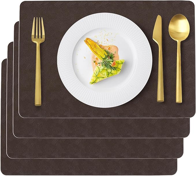 Vinyl Placemats Set of 4 Faux Leather 100% Waterproof Wipeable Washable Place Mats Heat Resistant Easy Clean Non-Slip Table Mats for Indoor Outdoor. (4,Coffee)