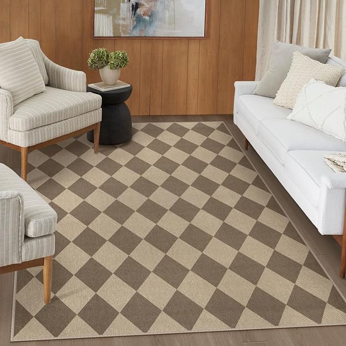 Easy Jute Brown Checkered 5x7 Area Rug, Washable Modern Rugs for Living Room Non-Slip Diamond Bedroom Rug, Neutral Farmhouse Indoor Outdoor Carpet for Patio Dining Room Classroom