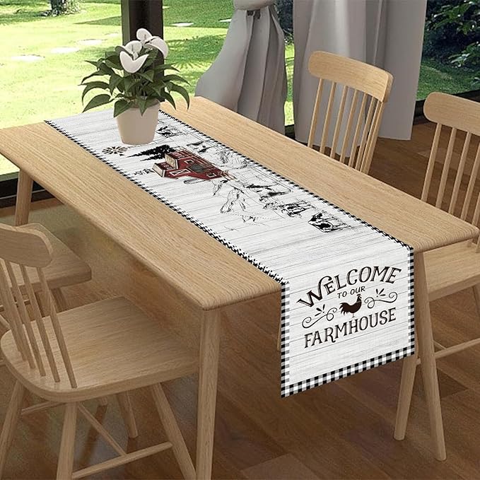 Farmhouse Rooster Table Runner, Rustic Farm Animals Cow Pig Chicken Coffee Table Center Decor for Home Kitchen Dining Patio Holiday Party Indoor Outdoor Table Decorations, 13"x108" Inch