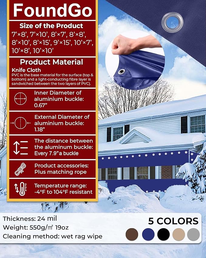 FoundGo 8'H x 7'W Vinyl Curtains for Patio 19oz, Outdoor Clear Vinyl Patio Enclosure,Heavy Duty Clear Tarp Waterproof Vinyl Tarps with Grommets for Pergola, Balcony,Porch,Gazebos，-4℉ Cold Resistant