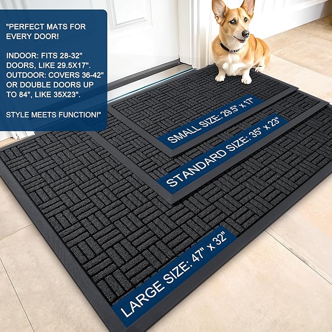 OLANLY Front Door Mat Outside Entrance 47x23, Absorbent, Heavy Duty Sturdy Natural Rubber Doormat Indoor Outdoor, Stain and Fade Resistant, Non-Slip Backing Low Profile Floor Mat for Entryway, Black