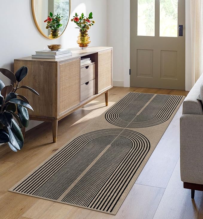 Easy Jute Rainbow Runner Rug, 2x6 Washable Rugs Runner for Hallway Non-Slip Boho Farmhouse Kitchen Runner Rug, Black and Nature Abstract Outdoor Carpet for Porch Laundry Entryway