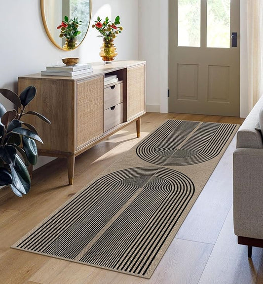 Easy Jute Rainbow Runner Rug, 2x6 Washable Rugs Runner for Hallway Non-Slip Boho Farmhouse Kitchen Runner Rug, Black and Nature Abstract Outdoor Carpet for Porch Laundry Entryway