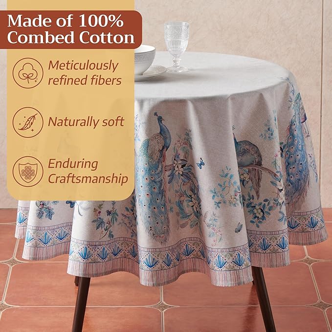 Maison d'Hermine Premium Table Cloth Round Table 100% Cotton 70 Inches Tablecloth Reusable Decorative Everyday Use for Dining Room, Farmhouse, Home, Party, Festive & Wedding - Peacock Utopia - Orginal