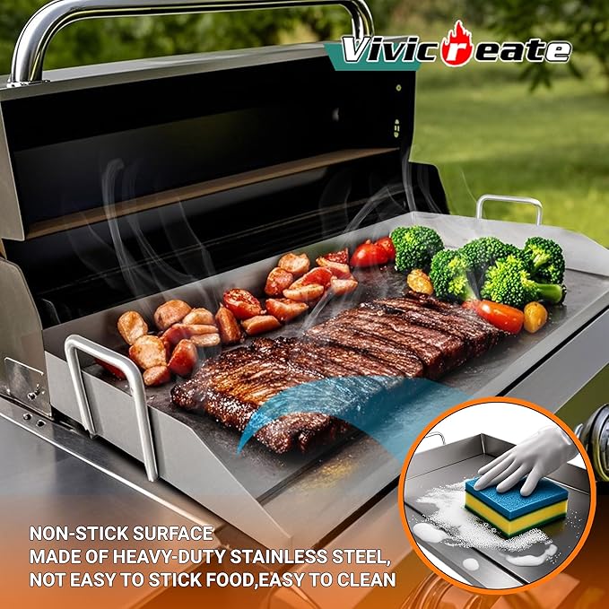 Vivicreate Stainless Steel Outdoor Griddle for Gas & Charcoal Grills, 38 lbs Flat Top Grill Plate with Grease Groove & Handles, Extra-Large BBQ Insert for Garden, Patio & Camping 31”x17”