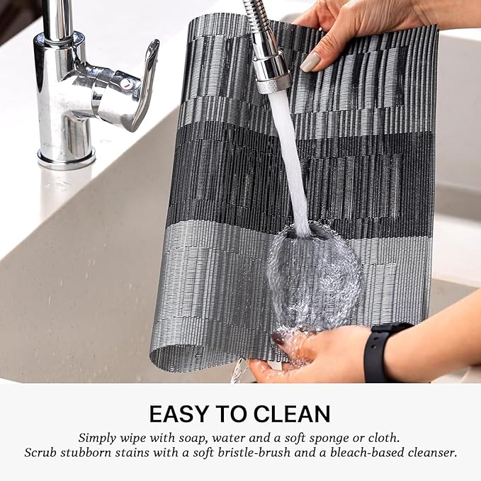 LEXMORE Placemats Vinyl/Plastic Woven Place Mats for Kitchen Table Indoor/Outdoor Washable Placemat Wipeable Dining Table Mats Set of 12 (Silver Gray Black)