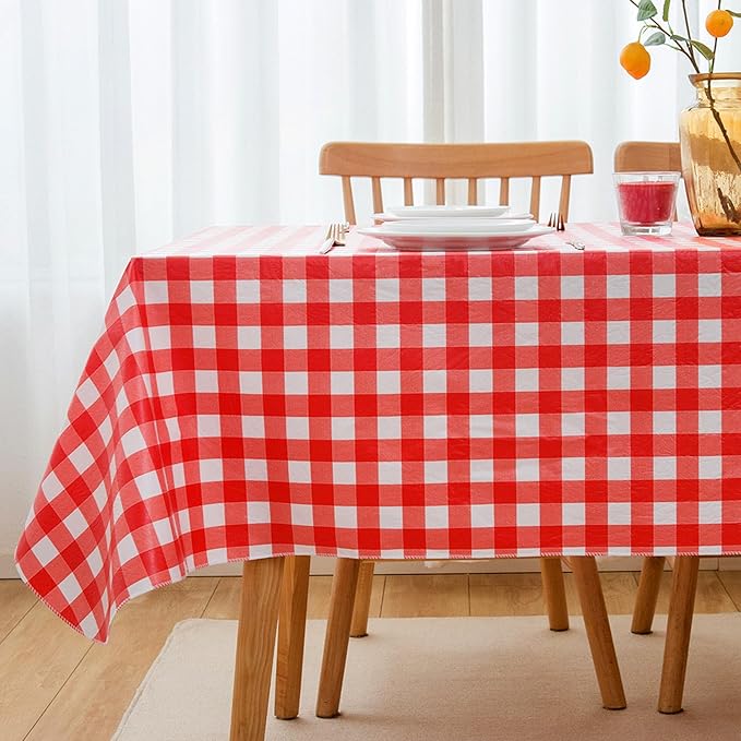 Nasitos 2 Pack Plastic Table Cloth 60x120 Inch-Red and White Rectangle Tablecloth Checkered, Washable Wipeable Plaid Vinyl Tablecloth with Flannel Backing for Picnic Party, Camping, Dinner