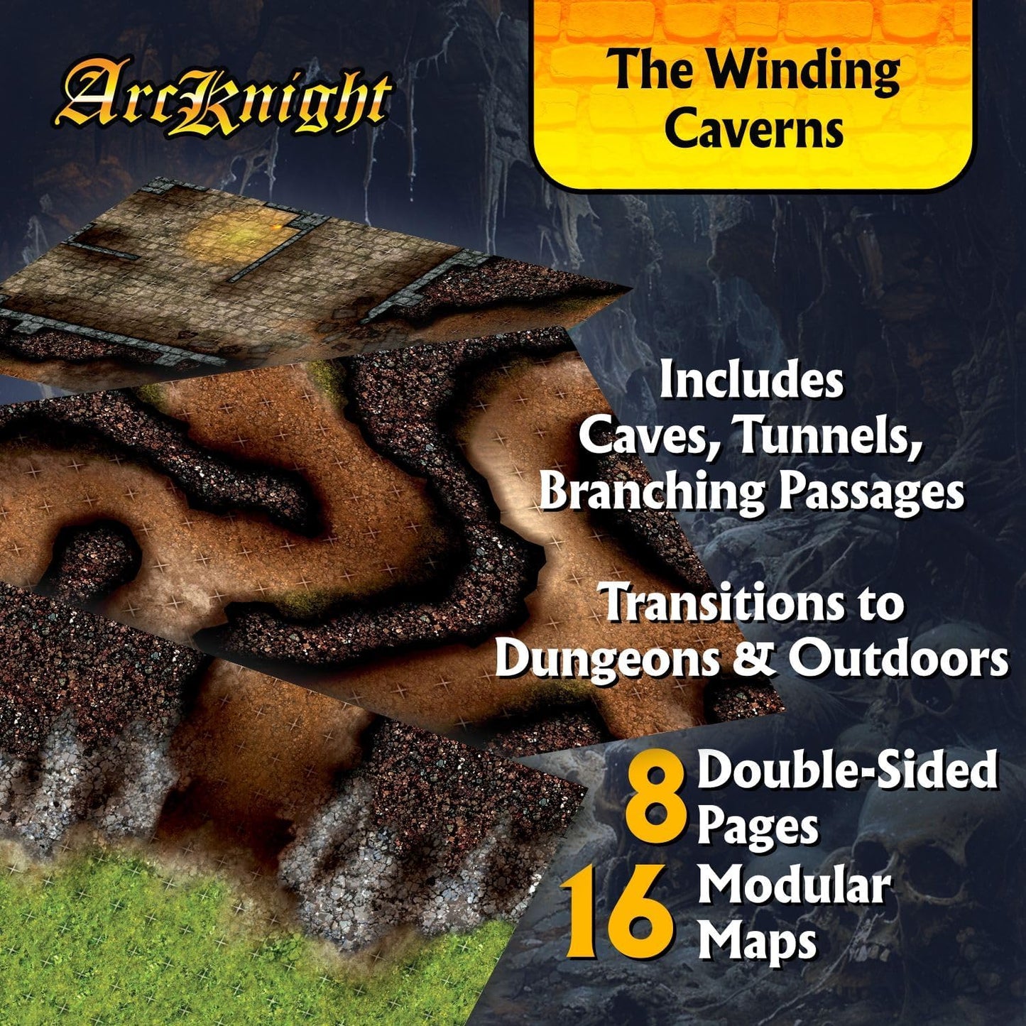 Arcknight The Winding Caverns Roleplaying Battlemaps; 16 Modular RPG Maps in 8 Double-Sided Pages, 1" Square Grid, Modular & Versatile Design for Tabletop Gaming - for Dungeons & Dragons & Pathfinder