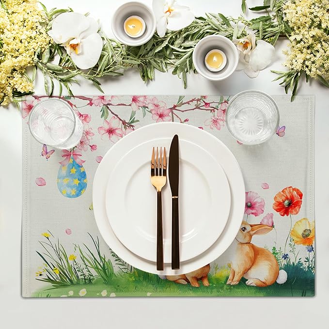 Giwawa Easter Placemats Set of 4 Spring Bunny Rabbits Flowers Place Mat 12x18 Inch Colorful Eggs Tree Floral Table Mats Washable Satin Resistance for Party Kitchen Dining Holiday Decor