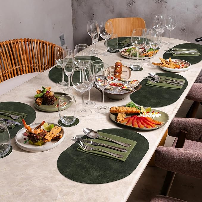 ADRIMER Placemats, Heat Resistant Oval Placemats Set of 4 Washable 12 x 17 Inch, Waterproof Table Mats, Wipeable Pu Place Mats for Kitchen, Dining Room, Olive Green