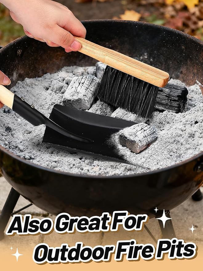 Fireplace Ash Shovel and Brush Set- Upgraded Metal Coal Shovel and Hearth Brush Set Large Fireplace Tools, Fire Pit Accessories for Fireplace Wood Stove Hearth Cleaning