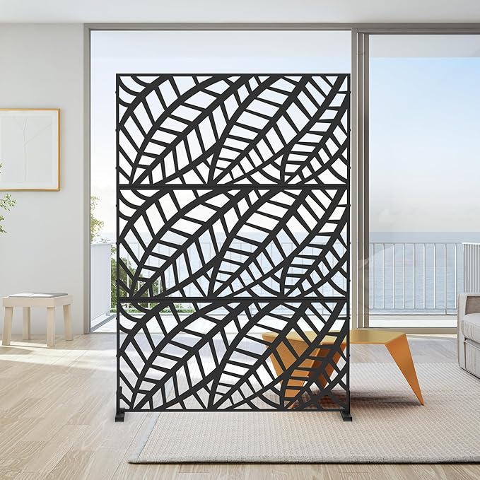 Domi Metal Privacy Screen, Freestanding Outdoor Indoor Divider, Decorative Privacy Screen Panels for Balcony Patio Garden, Leaf-Shaped