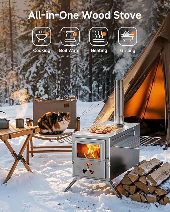 Hot Tent Wood Stove, Portable Wood Burning Stove with 7 Stainless Chimney Pipes, Camping Wood Stove for Outdoor Heating, Cooking, Ice Fishing, Hunting