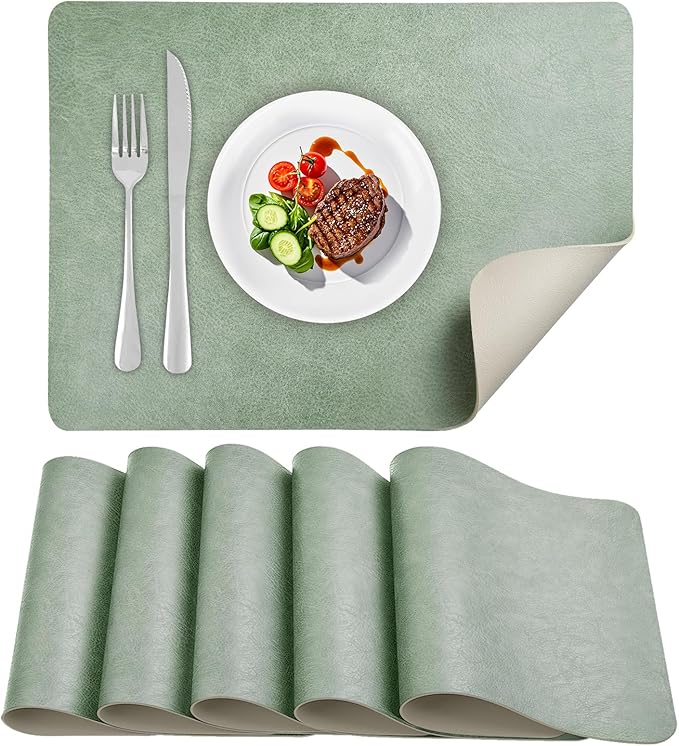 Faux Leather Placemats Set of 6 Table Mats Heat Resistant Reversible Place Mats, Waterproof Wipeable Dining Table Placemats for Home Party Outdoor, 16.9 x 11.8 inches (Sage Green/White)