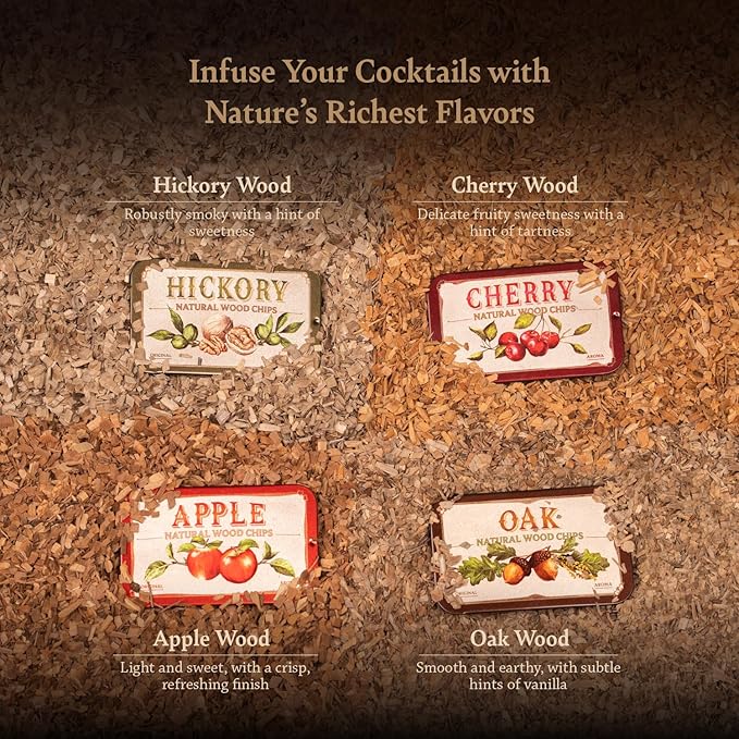 Cocktail Smoker Wood Chips 4 Natural Flavors: Oak, Cherry, Hickory & Apple | Whiskey & Old Fashioned Smoking Chips