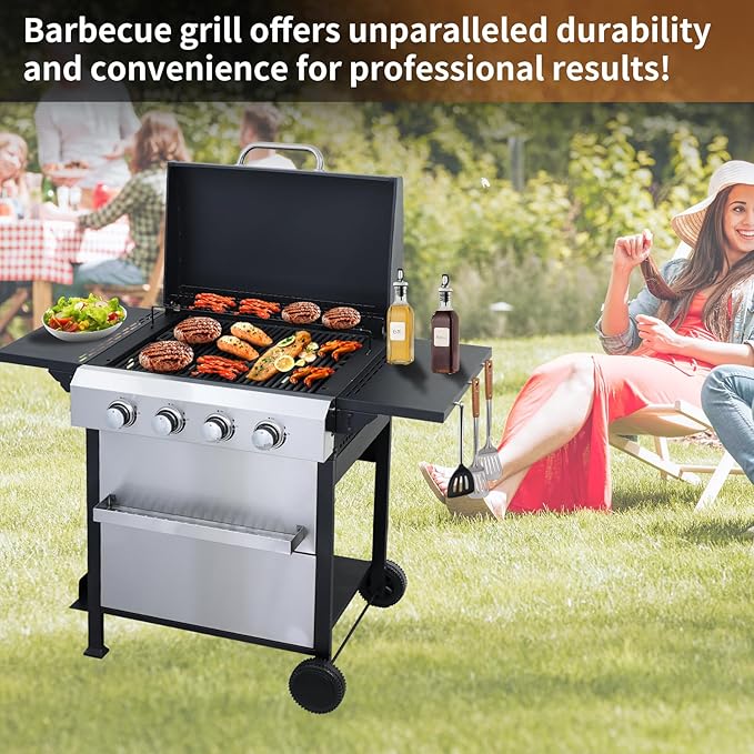 CIG GARDEN 4 Burner Propane Gas Grill, 42,000 BTU Output Flat Top BBQ Grill with Stainless Steel Griddle, Perfect for Outdoor Cooking, Balcony, Backyard, Camping, Barbecue