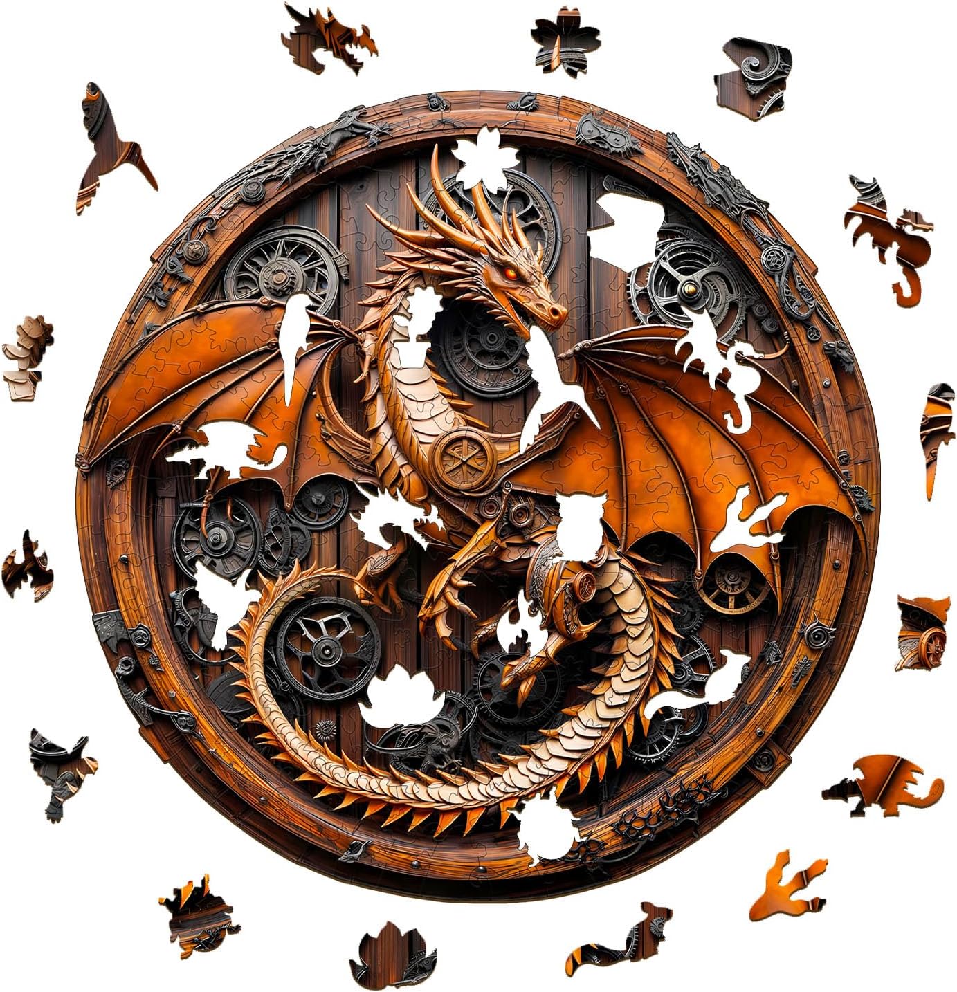 KAAYEE Wooden Puzzles for Adults, 3D Vision Mechanical Dragon Wooden Jigsaw Puzzles Unique Shape Advanced Wood Puzzle Adult, Birthday Fathers Family Game (S-8.5 * 8.4in-100pcs)
