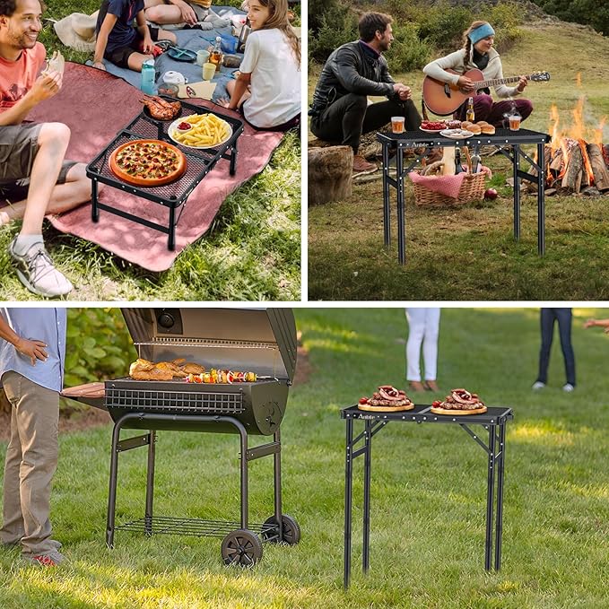 Anbte Folding Grill Table, Aluminum Camping Table Adjustable Height Max 27.5" Picnic Table Outdoor Table, Lightweight, Portable Handle for Travel Cooking BBQ Picnic, 22.8" x 16", Black