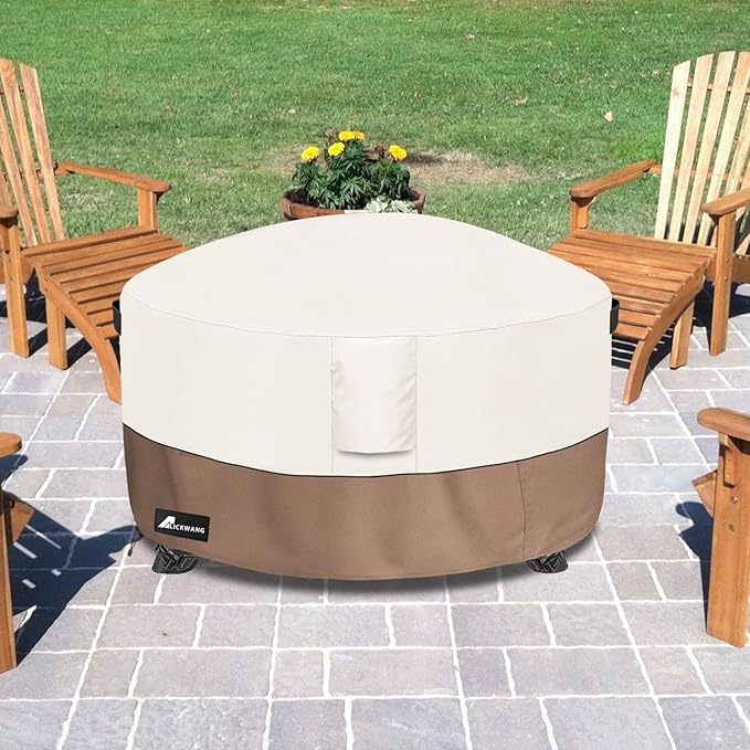 Fire Pit Cover Round 48 Inch Waterproof,Outdoor Heavy Duty Durable 600D Tear-Resistant Fire Pit Table Cover,Patio Round Firepit Cover 48" D x 24" H, Beige