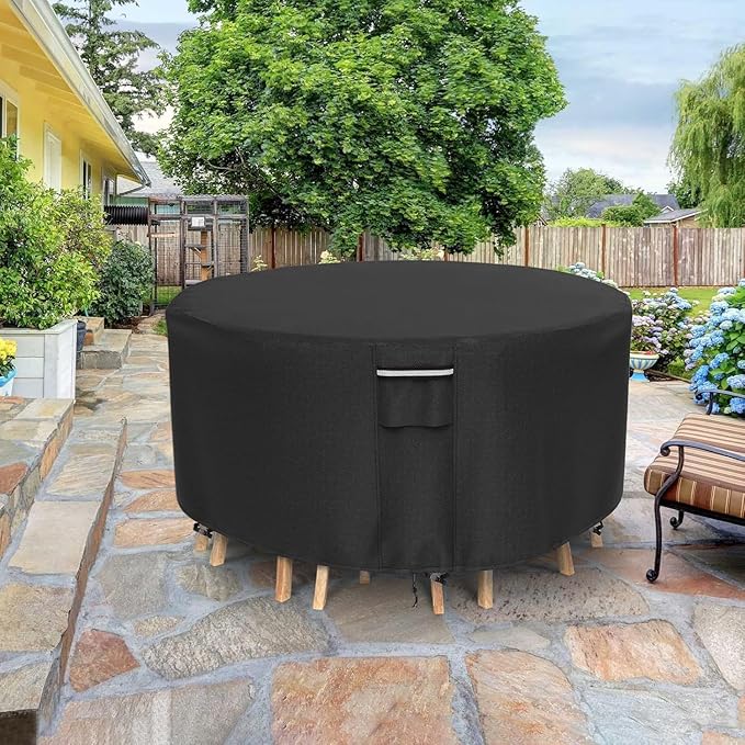 Round Patio Furniture Covers, 500D Heavy Duty Waterproof UV Resistant Cover for Round Outdoor Dining Table & Chairs,48" Dia x 28" H -Black