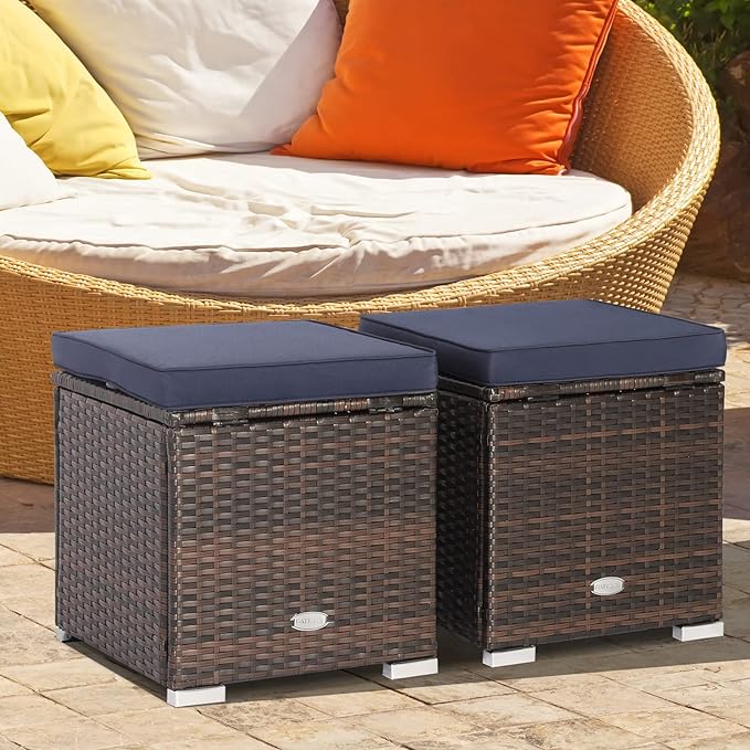 Tangkula 2 Pieces Patio Ottomans, Patiojoy Hand-Woven PE Rattan Side Table with Removable Cushion & Hidden Storage Space, Multifunctional Storage Box, Seat for Patio, Backyard, Poolside (Navy)
