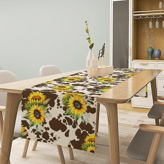 Cow Print Table Runner, Brown Sunflower Cow Print Animal Fur Skin Rustic Cowhide Pattern Table Runner for Kitchen Farmhouse Dining Home Outdoor 13x70in