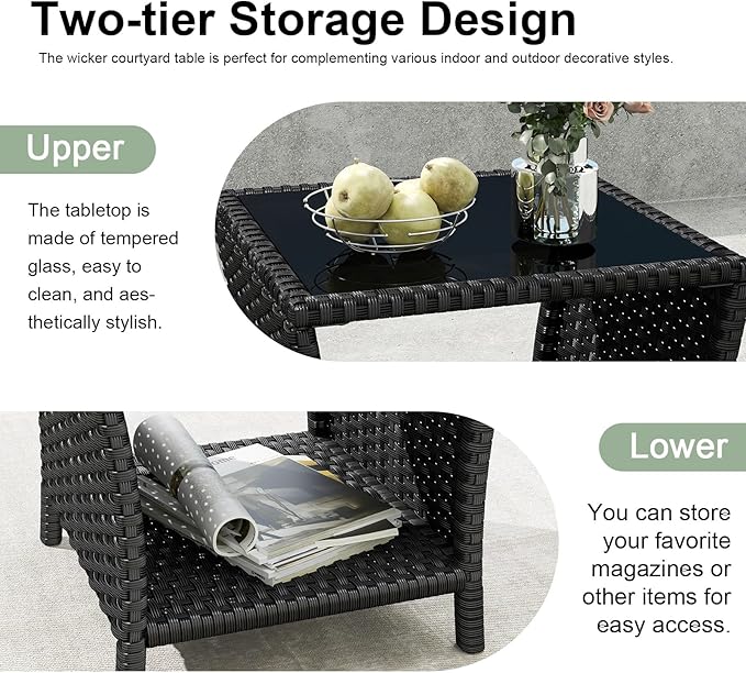 kinbor Small Outdoor Table - Tempered Glass Top Small Outdoor Wicker Side Table with Storage Shelf for Patio, Balcony & Porch, Durable PE Rattan & Iron Frame
