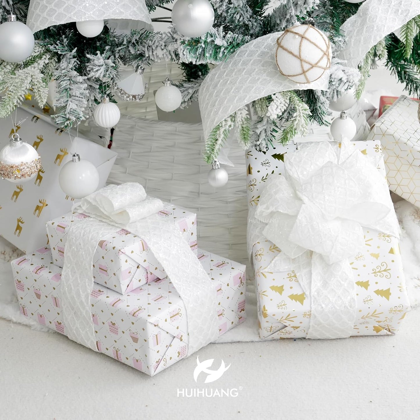 HUIHUANG White Glitter Wired Ribbon for Christmas Tree 2.5 inch White Diamond Mesh Wire Ribbon for Tree Decoration, Wreaths, Garland, Gift Wrapping, Large Bows Making, Home Decor -10 Yards