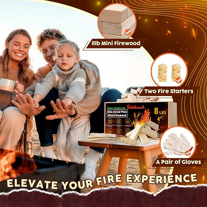 Mini Fire Stick with Fire Starters Gloves 4" Kiln Dried Pine Small Barkless Kindling Logs Compatible with Wood Stoves, Tabletop Fire Pits, BBQ Grills & Pizza Ovens, 8 lb Box