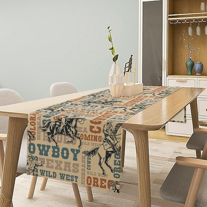 Western Cowboy Table Runner, Vintage Country American West Cowboy Riding Horse Table Runner for Home Kitchen Dining Party Farmhouse Cafe Outdoor 13x120in