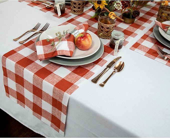 Solino Home Linen Checkered Table Runner 120 Inches Long - 100% Pure Linen Cinnamon and White Buffalo Check Table Runner 14 x 120 Inch Ideal for Dining