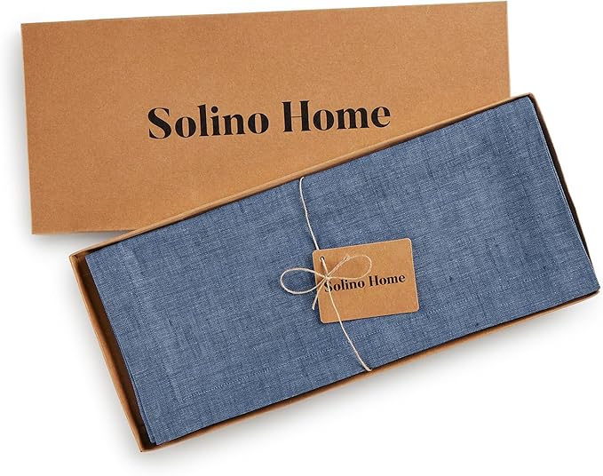 Solino Home Linen Table Runner 132 Inches Long - Athena, 100% Pure Linen Blue Denim Dining Table Runner 14 x 132 Inch for Spring, Easter